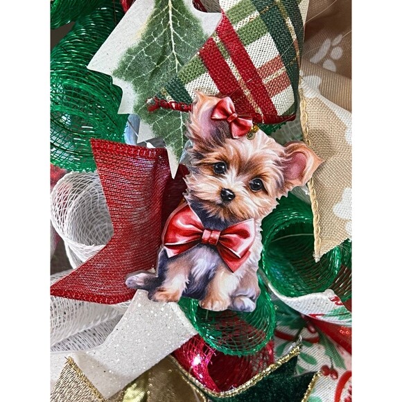 Handmade Christmas Santa Puppy Holiday Ribbon Door Wreath 22 ins W76 - Picture 6 of 12
